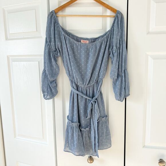 Showpo Blue Polka Dot Off Shoulder Party Life Mini Dress Size 8 Belted EUC - Picture 3 of 7